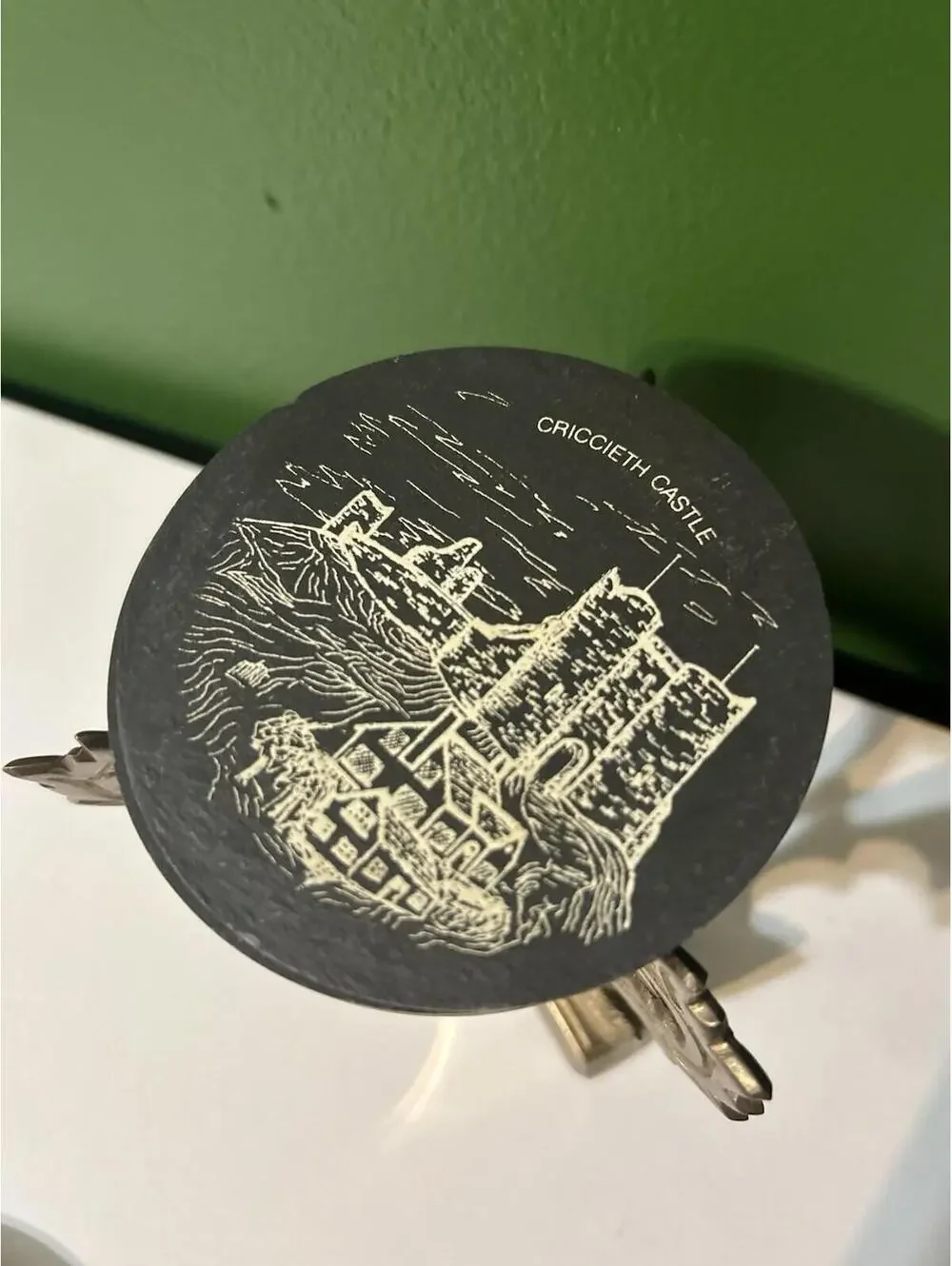 Vintage Welsh Castle Slate Coaster Set+Brass Holder Menai Bridge Harlech Barware